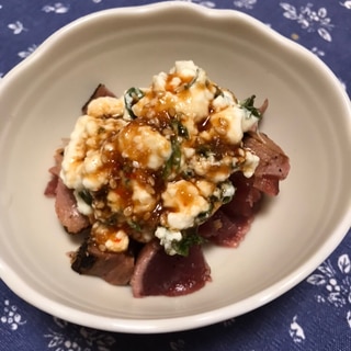 焼きばら海苔豆腐ソースのせ鰹のたたき